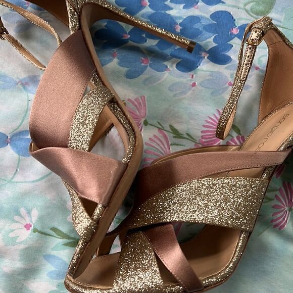 Sergio Rossi Scarpe Donna Rose Ribbon and Gold Glitter Heels - Picture 8 of 17